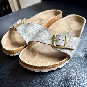 Birkenstock Madrid Slide Sandals in Distressed Metallic  Silver